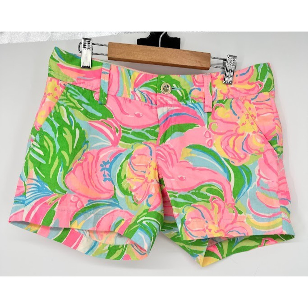 Lilly Pulitzer Green Pink Hidden Elephant Callahan Shorts Womens 0 Beachy 4.5"